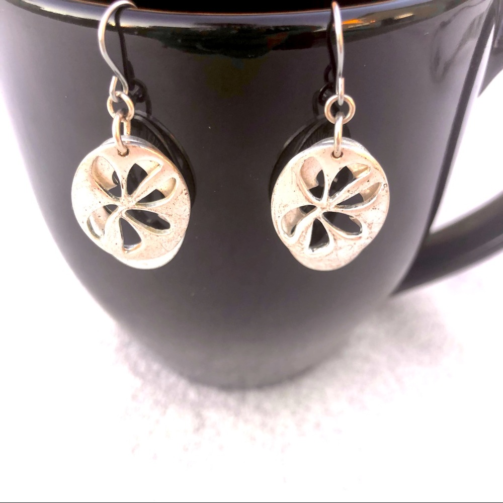 Starfish Earrings Silver Dangle with Floral Pattern Oval